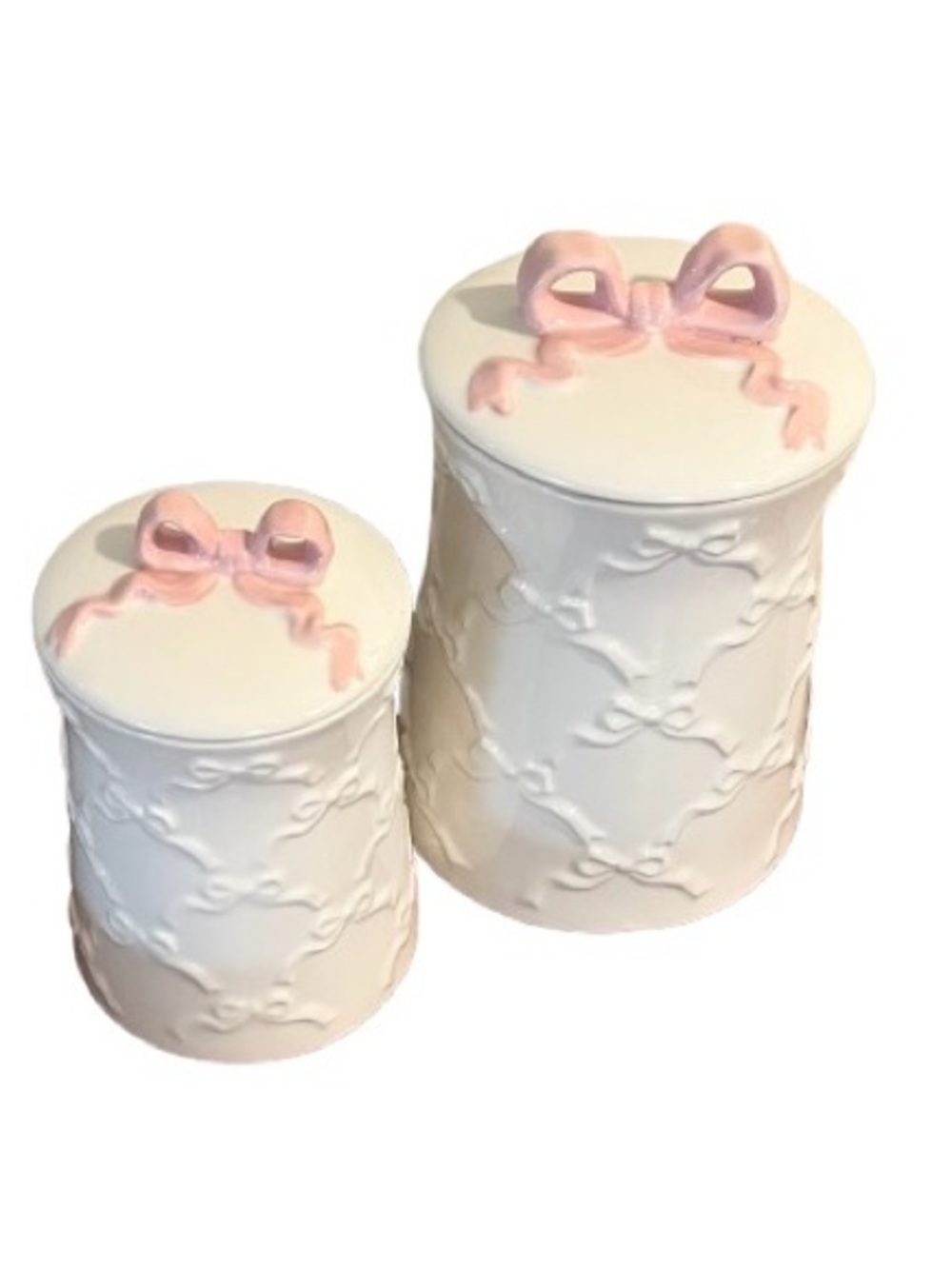 🆕- White Ceramic Decorative Canister Set with Pink Ribbon Accents - Picture 3 of 10